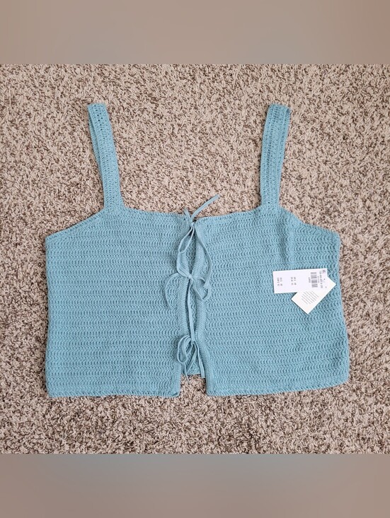 Abercrombie & Fitch Tops - Abercrombie & Fitch Tank Top Shirt Knit Crochet Blue Tie Front Cotton Large NWT